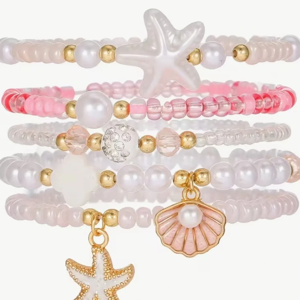 Set of 5 Sea Charm Pink & White Stackable Bead Bracelets - Picture 5 of 5
